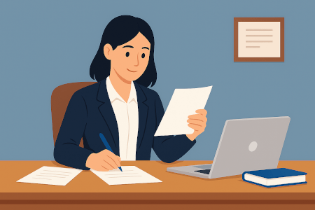 Abogada revisando casos jurídicos y redactando consulta online personalizada