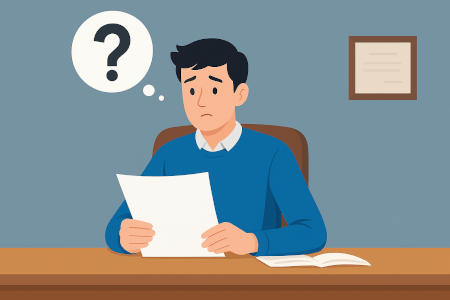 Hombre con expresión de duda leyendo un documento legal — ¿necesitas una consulta jurídica online?