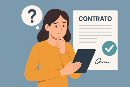 Mujer revisando un contrato online con dudas legales
