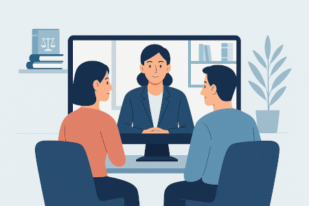 Ilustración de mediador y dos personas resolviendo un conflicto legal en videollamada online.