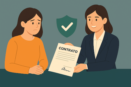 Abogada entregando contrato con símbolo de seguridad jurídica