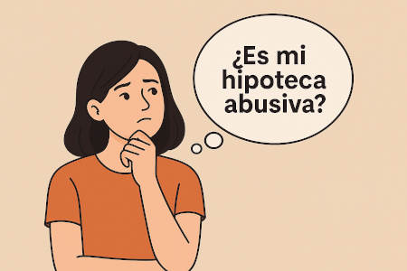 Ilustración en estilo flat de una mujer pensativa con un bocadillo que dice “¿Es mi hipoteca abusiva?”, representando la duda del consumidor sobre posibles cláusulas abusivas.