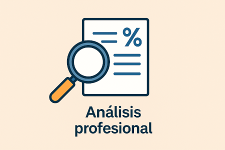 Ilustración en estilo flat con una lupa revisando un documento con símbolo de porcentaje, representando el análisis profesional de una cláusula IRPH.