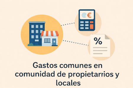 Ilustración en estilo flat de un edificio residencial y un local comercial conectados con iconos de gastos y documentos, representando los gastos comunes en una comunidad de propietarios.