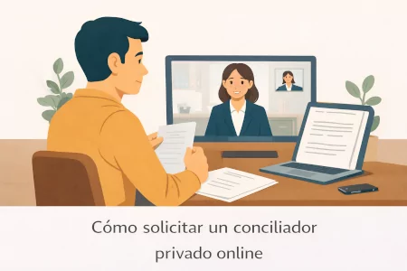 Ilustración de una persona iniciando online la solicitud de un conciliador privado con asesoramiento legal