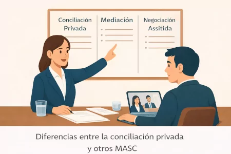 Ilustración de una profesional explicando las diferencias entre conciliación privada, mediación y negociación asistida