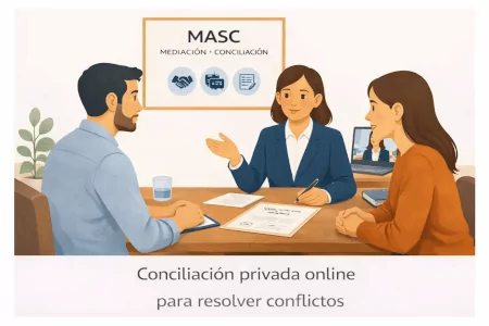 Ilustración de una conciliadora privada reunida con dos partes para resolver un conflicto de forma extrajudicial