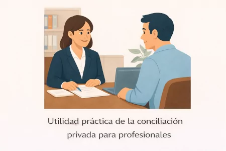 Ilustración de una profesional del derecho asesorando a un cliente sobre la utilidad práctica de la conciliación privada